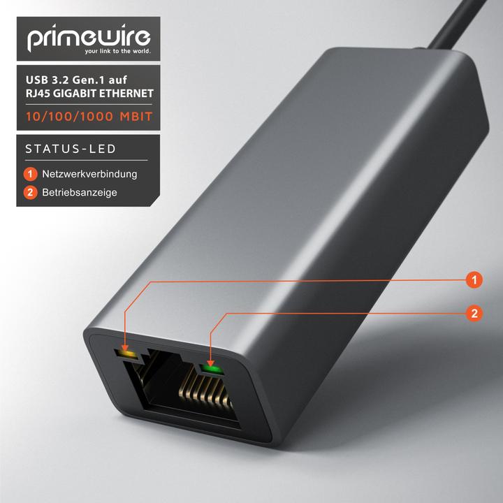 Actual product image Primewire Network adapter USB type A to RJ-45 Ethernet, USB 3.2 network adapter external with Gigabit RJ45 (USB-C 3.2 Gen 1, RJ45 (1x))