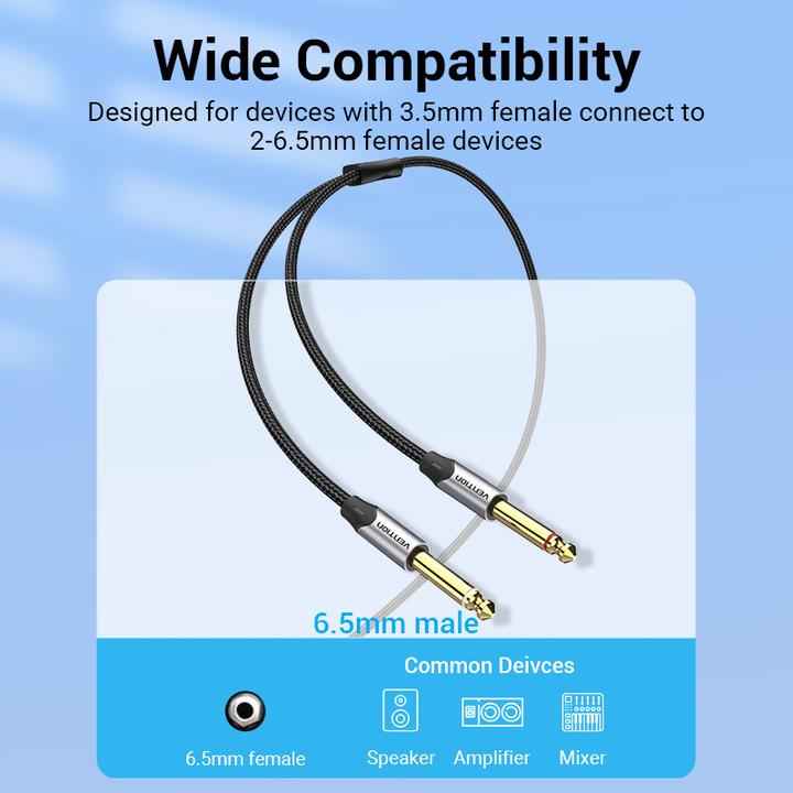 Image du produit Vention Câble mini jack 3.5 mm vers 2x jack 6.5 mm BARHG 1.5m (gris) (1.50 m, Jack 3,5 mm (AUX))