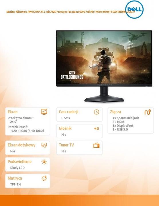 Produktbild Dell Alienware AW2523HF (1920 x 1080 Pixel, 24.50")
