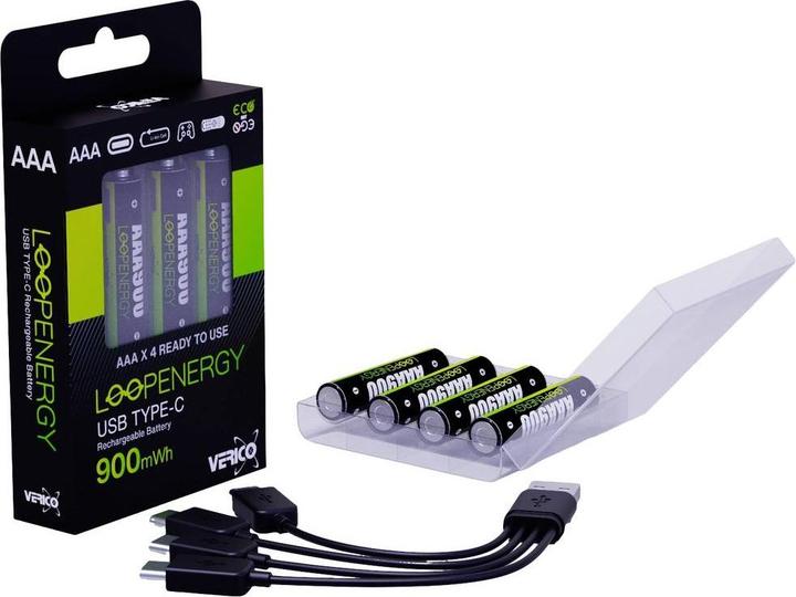 Produktbild Verico Li-Ion USB-C Micro AAA-Akku 1.5V 900mWh 600mAh ladbar per USB (4 Stk., AAA, 600 mAh)