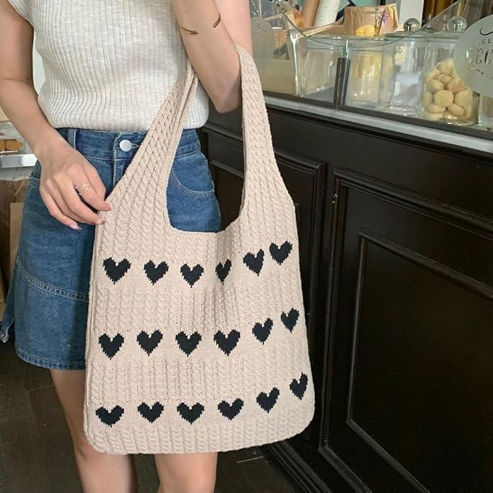 Produktbild Only-Bags.Store Minimalistische Hobo-Tasche mit Liebesmuster, gestrickte Einkaufstasche, leichte Urlaubstasche
