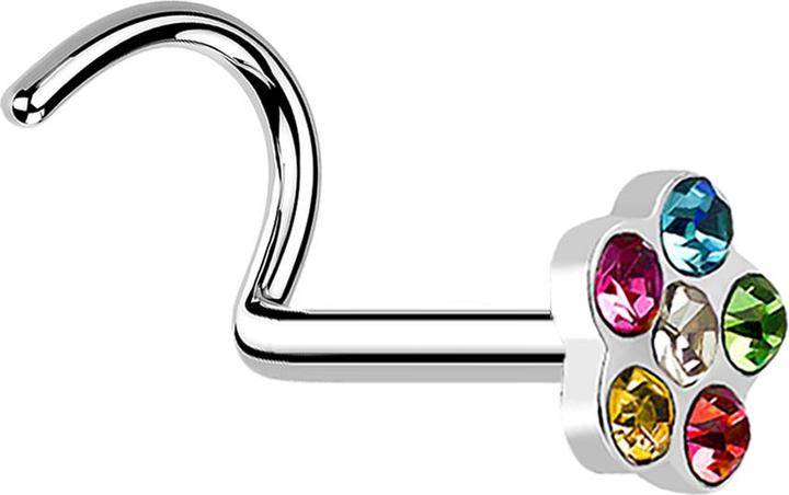 Image du produit Star Piercing Nasenstecker gebogen silber mit Blume und 5 Kristalle farbig (Acier chirurgical 316L)