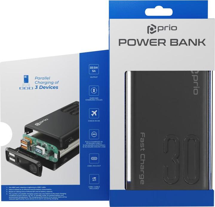 Image du produit prio Fast Charge (22.5W SCP/ 18W PD / QC3.0) Powerbank 30.000mAh noir (30000 mAh, 30000 Wh)