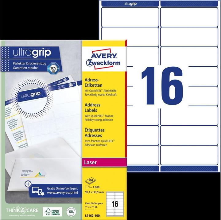 Image du produit Avery Etiquettes d'adresse 99.1x33.9mm L7162-100 weiss 1600 Stk./100 Blatt