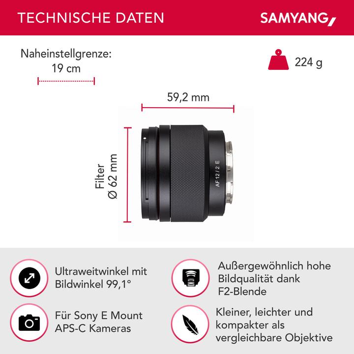 Produktbild Samyang AF 12mm f/2.0 Sony E-Mount (Sony E, APS-C / DX)