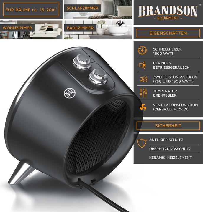 Actual product image Brandson Fan heater 1500 Watt, ceramic heating element and thermal fuse, bathroom ceramic heater (1500 W)