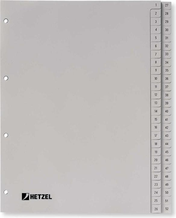 Produktbild Rexel HETZEL Kunststoff-Register, Zahlen, A4, 1-52, PP, grau 52-teilig, 0,11 mm, Lochung: 80-80-80 mm