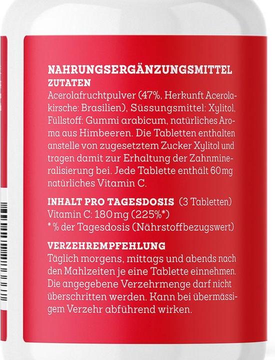 Nährwerte und Zutaten Effective Nature Acerola mit Vitamin C (150 Stück, Tabletten, 150 g)
