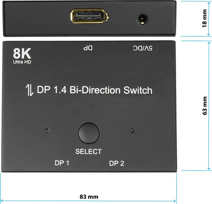 Image du produit Good Connections Commutateur DisplayPort 1.4, 2x, bidirectionnel, 8K @30Hz