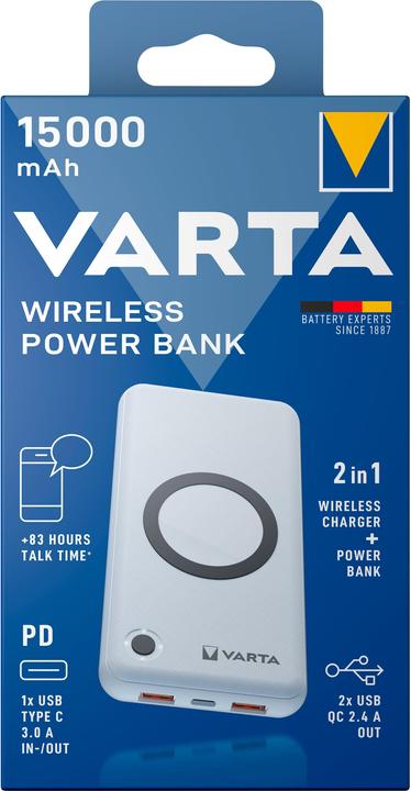 Productafbeelding Varta Draadloze Power Bank + Oplaadkabel (15000 mAh, 20 W, 55.50 Wh)