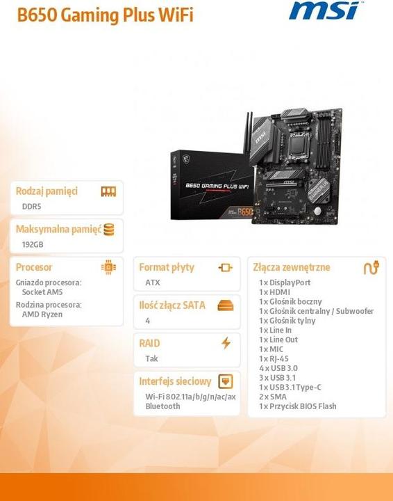 Produktbild MSI B650 GAMING PLUS WIFI (AM5, AMD B650, ATX)