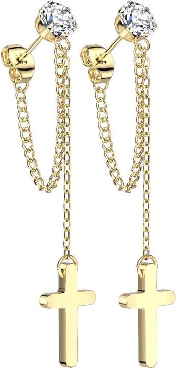 Produktbild Star Piercing Ohrstecker vergoldet mit rundem Kristall silber Anhänger Kette mit Kreuz (ohne Messing, Chirurgenstahl 316L)