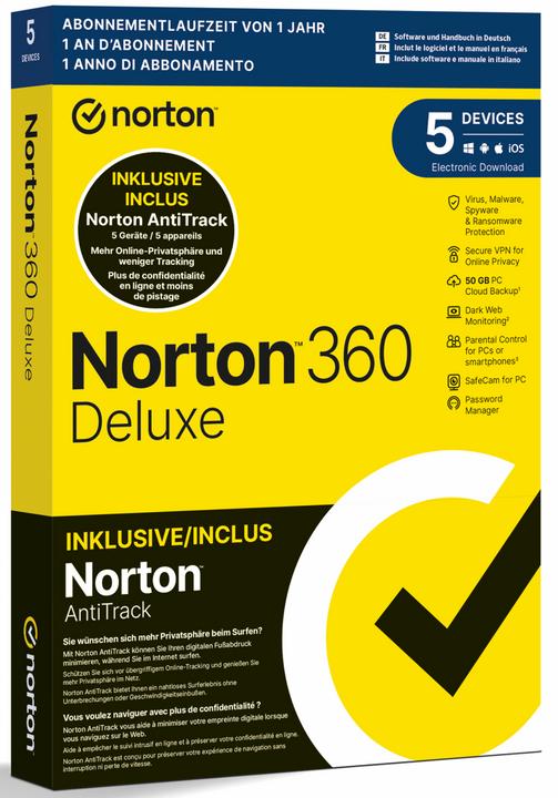 Produktbild Norton 360 Deluxe + AntiTrack Bundle Box, 5 Dev., 1yr, 50GB Cloud (5 User, 12 Monate)