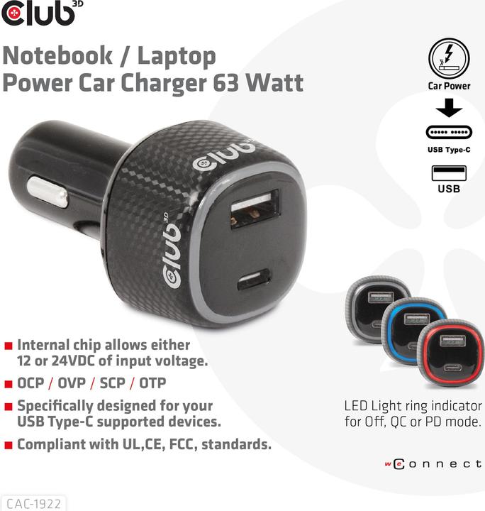 Image du produit Club 3D Club3D Chargeur USB pour voiture 1xUSB C, 1xUSB A, 63W, 12/24V retail