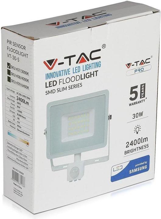 Produktbild V-TAC VT30SW 30W LED Sensor Fluter SAMSUNG Chip Abschaltfunktion Weiss Gehäuse 6400K (2400 lm, IP65)