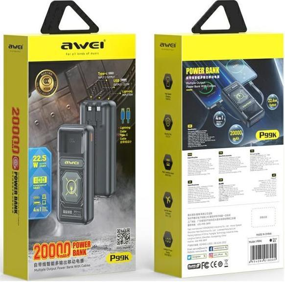 Image du produit Awei PowerBank P99K 20000mAh 22.5Wczarny/black (20000 mAh, 22 W, 22.50 Wh)