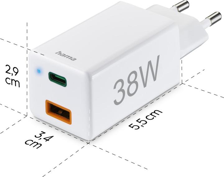 Immagine prodotto Hama Mini caricatore, GaN, USB-C Power Delivery (PD) + USB-A QC3.0, 38W, bianco (38 W)