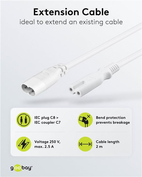 Produktbild Goobay Verlängerungskabel C7/C8, 2 m, Weiss, Weiss (2 m)