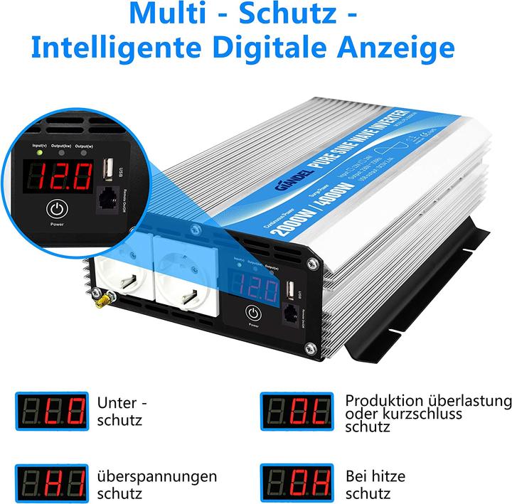 Produktbild Giandel Wechselrichter 12V auf 230V Reiner Sinus 2000W