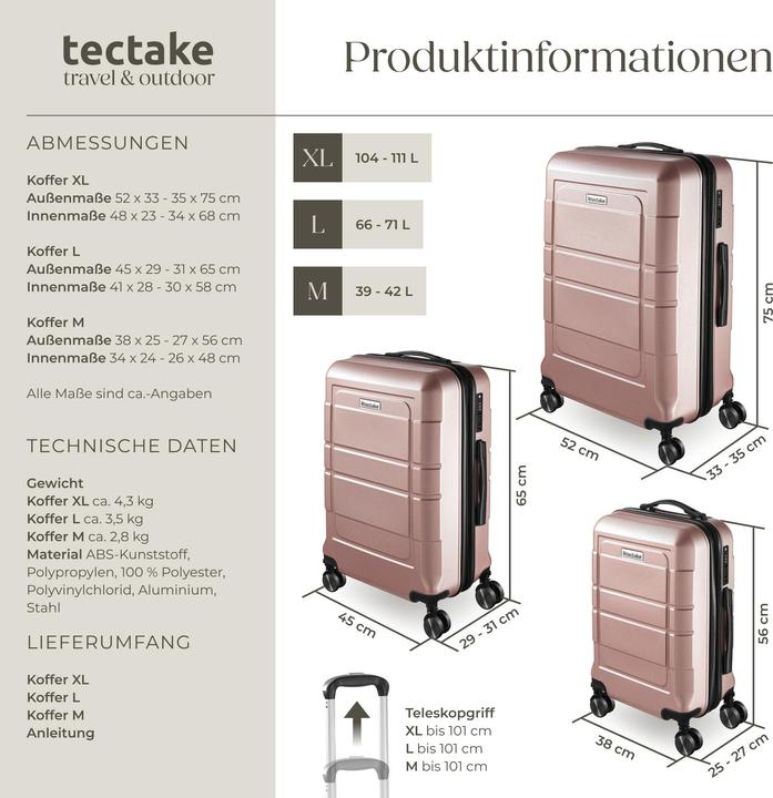 Image du produit tectake Set de valises rigides BRICE 3 pièces avec serrure à code