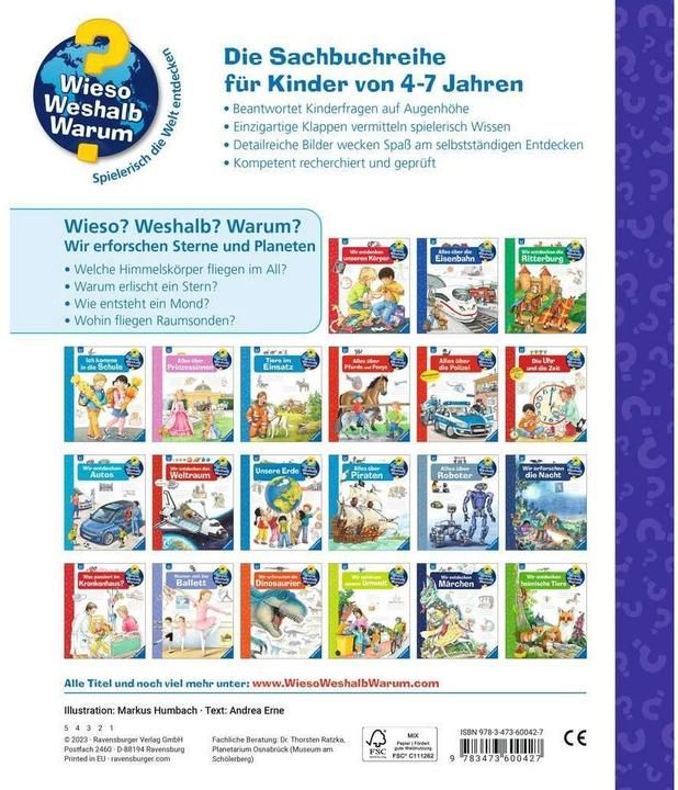 Immagine prodotto Ravensburger Wieso? Weshalb? Warum?, Band 59: Wir erforschen Sterne und Planeten (Tedesco, Andrea Erne, Markus Humbach, 2023)