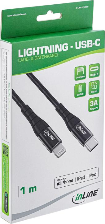 Produktbild InLine USB-C Lightning Kabel, für iPad, iPhone, iPod, schwarz/Alu, 2m MFi-zertifiziert (2 m, USB 2.0)