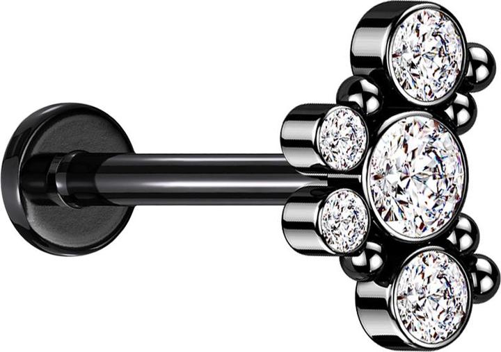 Produktbild Star Piercing Micro Labret Innengewinde schwarz sechs Kugeln fünf Kristalle silber (ohne Messing, Chirurgenstahl 316L)