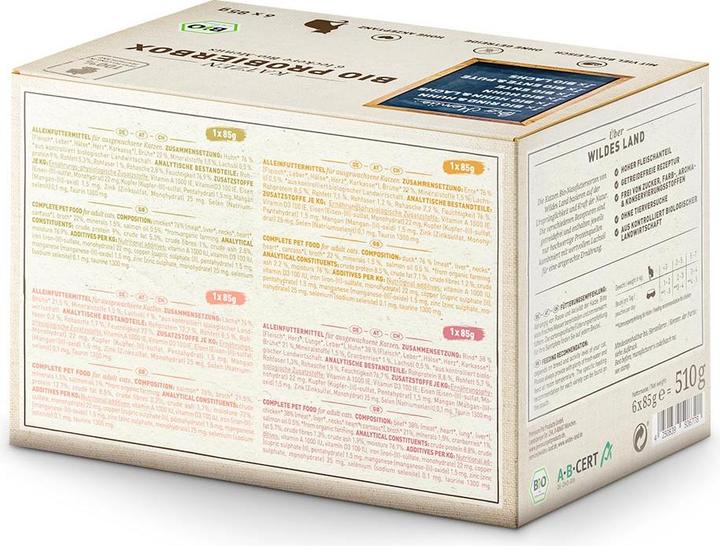 Image du produit Wildes Land Nourriture humide Adult BIO boîte d'essai, 6 x 85 g (Adulte, 6 pcs, 620 g)