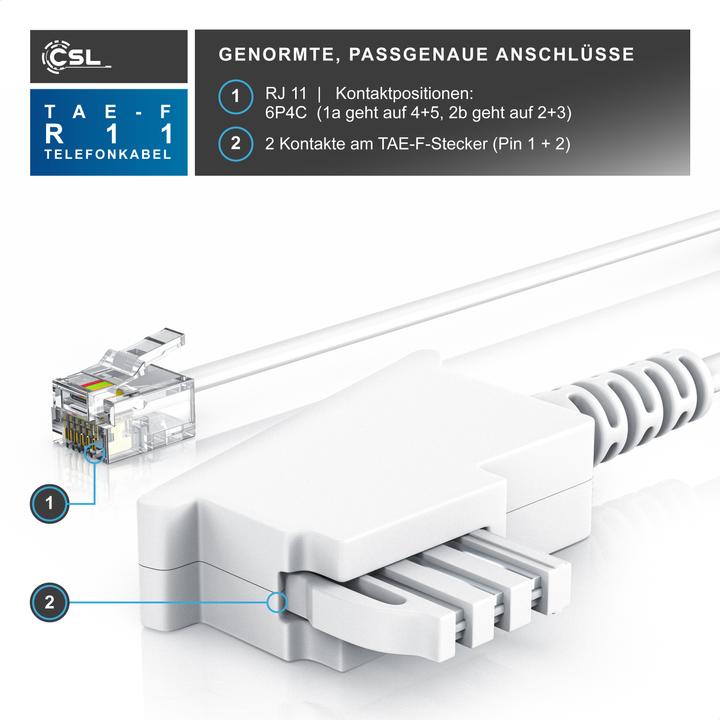 Actual product image CSL Telephone cable flat, TAE-F plug to RJ11, telephone socket to telephone, flat cable, fax, answering