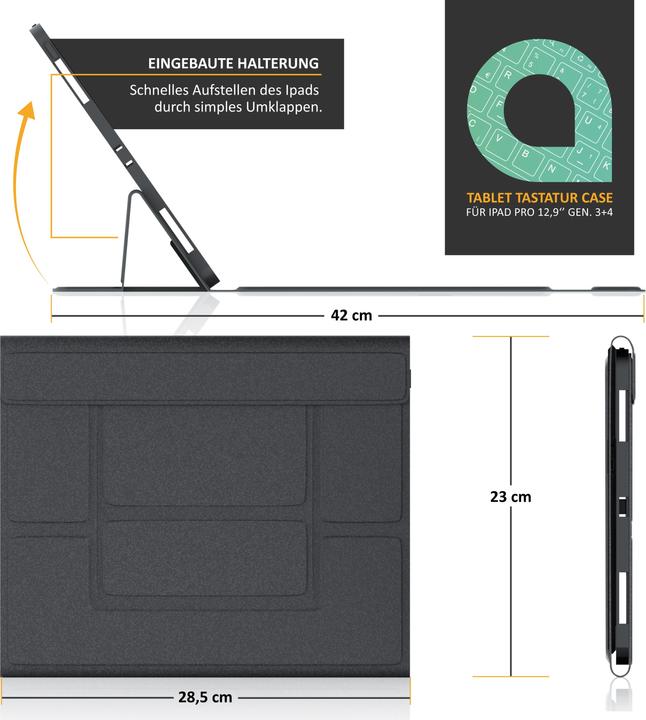 Produktbild Aplic Bluetooth Tablet Tastatur für iPad Pro 12,9 Zoll Gen 3 + 4, 500 mAh Akku, Keyboard mit Case (DE)