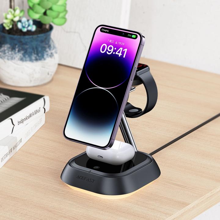 Produktbild Acefast 3in1 E16 15W induktive Ladestation für Telefon / Kopfhörer / Uhr - Schwarz (15 W)