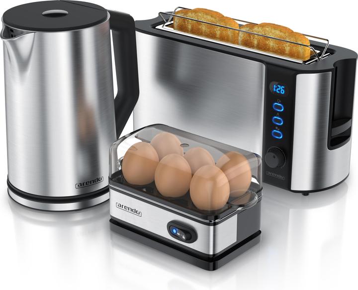 Arendo Breakfast set, kettle 1.5l temperature selection, 2-slice toaster & egg cooker for 6 eggs, silver
