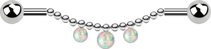 Actual product image Star Piercing Barbell silver two balls chain three opals white (Surgical steel 316L)
