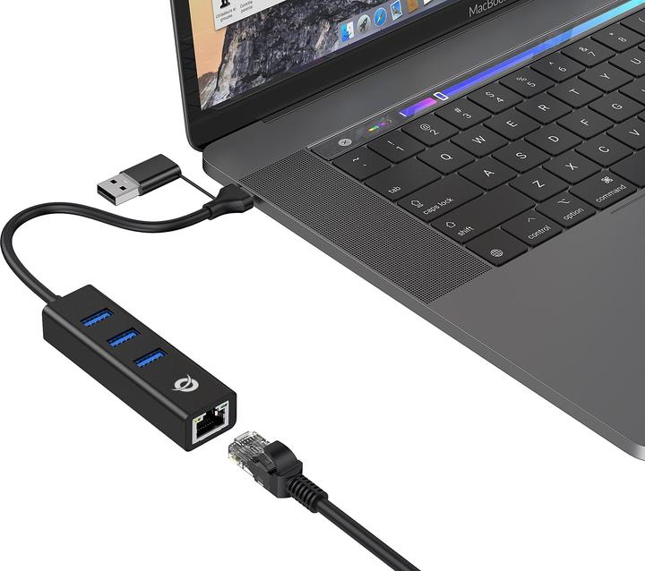 Immagine prodotto Conceptronic Adattatore USB3.0-> RJ45,3xUSB3.0,TypeC Ad 0,15m bw (USB-A, USB-C, 3 Porti)