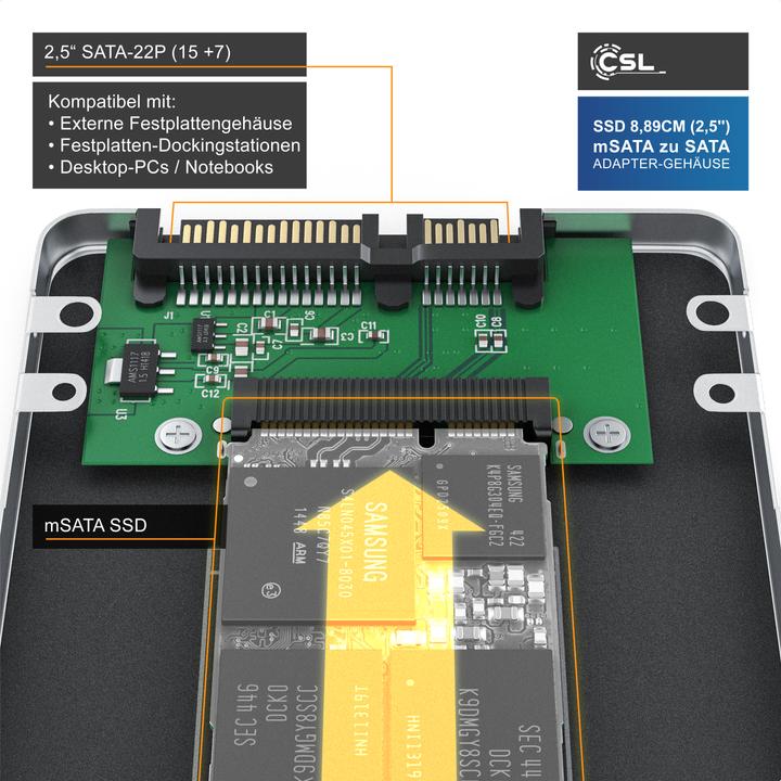 Actual product image CSL Hard drive enclosure, SSD 8.89cm (2.5) mSATA to SATA adapter, max. 7mm installation height, hard