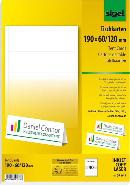 Actual product image Sigel Place cards (A4, 185 g/m², 20 x)
