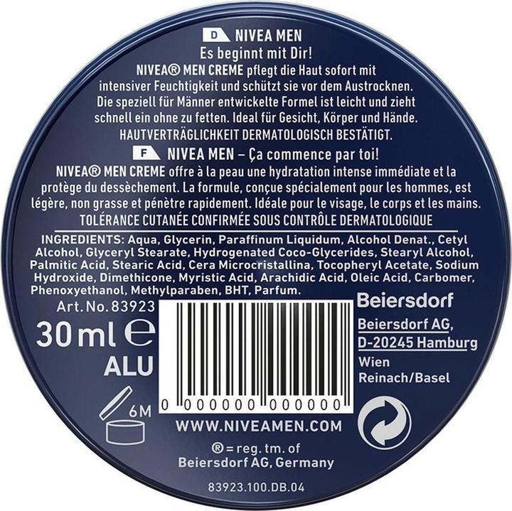 Nährwerte und Zutaten Nivea Men MEN Creme Mini (30 ml, 24h Creme)
