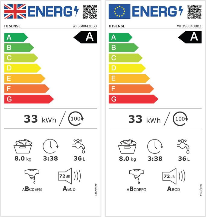 Label énergétique Hisense Waschmaschine WF3S8043BB3 8kg A-30% (8 kg, Gauche)