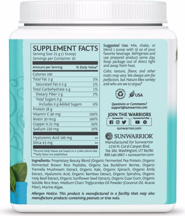 Nutritional values and ingredients Sunwarrior Collagen Building Protein Peptides Natural (1 Piece, Powder, 500 g)