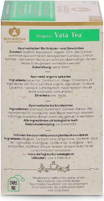 Nutritional values and ingredients Maharishi Ayurveda Vata tea, organic (22.50 g)