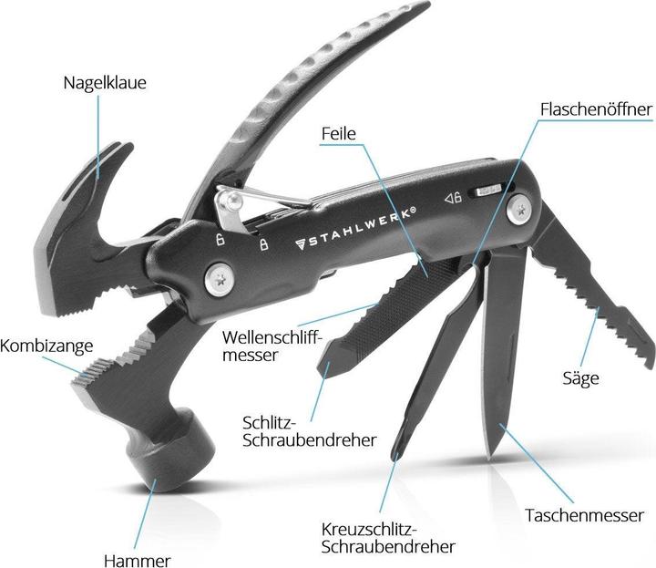 Immagine prodotto Stahlwerk Multitool 12 strumenti Coltello tascabile Strumento multifunzione Torcia elettrica (12 Funzioni)