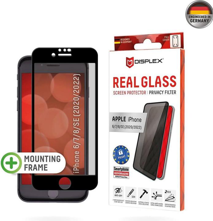 Immagine prodotto Displex Real Glass, Privacy Full Cover Panzerglas (1 Pezzo/i, Apple iPhone SE (terza generazione), Apple iPhone SE (seconda generazione))