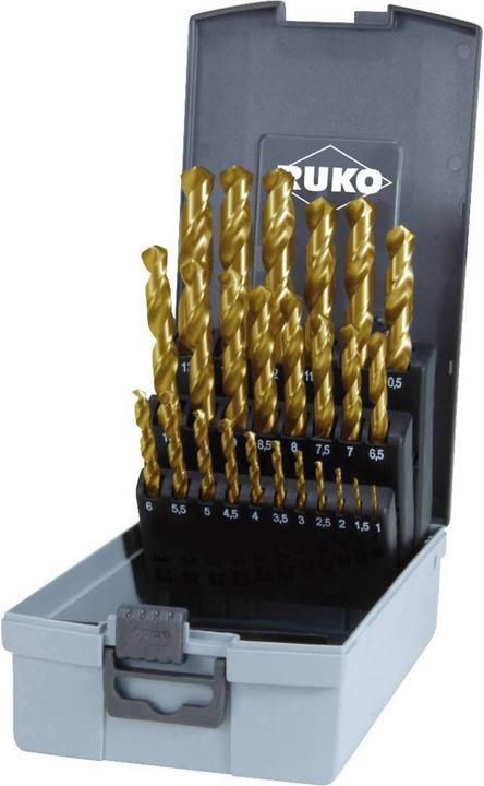 Immagine prodotto Ruko Set di punte elicoidali HSS G 25 pezzi 1 mm, 1,5 2 2,5 3 3,5 4 4,5 5,5 6 6,5 7 7,5 8 8,5 (1 mm - 13 mm x 0,5 mm)