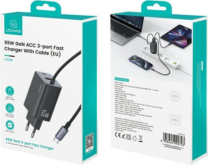 Actual product image Usams Ładowarka sieciowa JC Series CC266 65W GaN Fast Charger 2xUSB-C 1xUSB-A czarny (65 W)