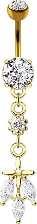 Star Piercing Banane 14k vergoldet mit zwei Kugeln Kristall silber Anhänger drei Kristallblätter (Messing, Chirurgenstahl 316L)