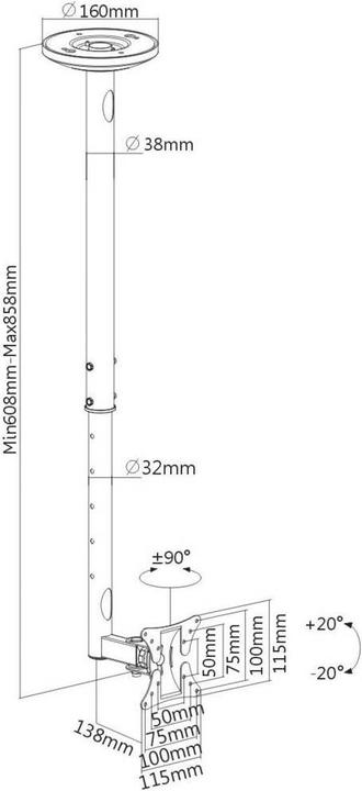 Image du produit myWall Support TV pour plafond L 25,4 cm (10) 76,2 (30) Inclinable+Pivotant (Plafond, 30")