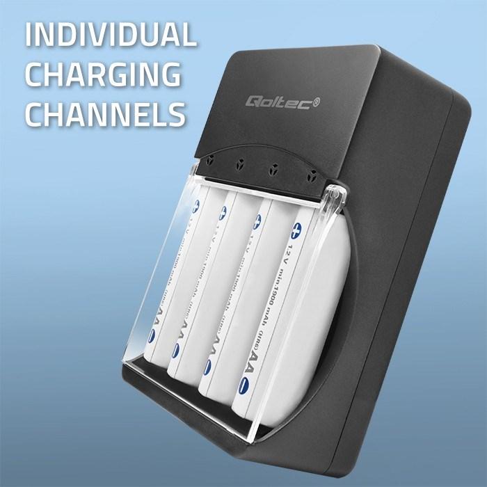 Actual product image Qoltec 50653 Battery charger for Ni-MH type R03/AAA R6/AA (1 pcs., AAA, AA, 3000 mAh)