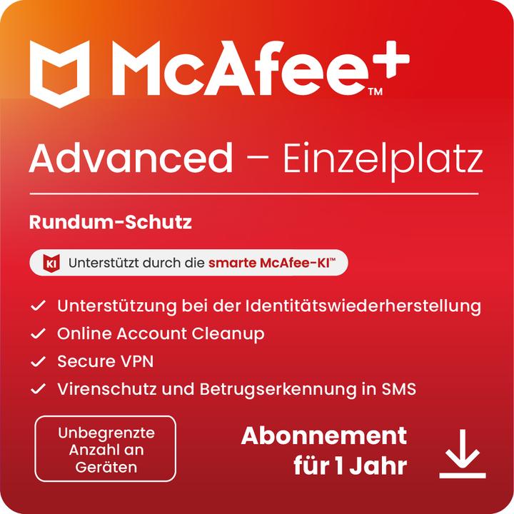 Produktbild McAfee + Advanced Einzelplatz (Unbegrenzte Anzahl von Geräten) (1 User, 1 Geräte/User, 12 Monate)