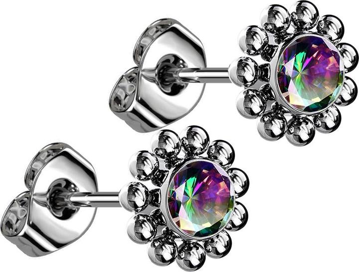 Produktbild Star Piercing Threadless Ohrstecker silber Kugelblume Kristall dunkel multicolor (Titan G23, ohne Messing)