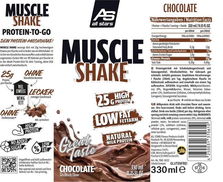 Valori nutrizionali e ingredienti All Stars Frullato muscolare (330 ml) (Chocolate, 1 pz., 350 g)